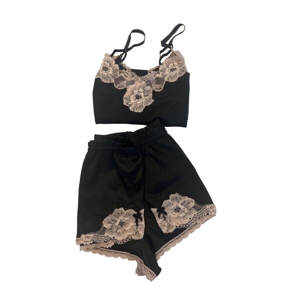 Black Lace Trim Satin Lingerie Set With Adjustable Straps - Picture 1 of 9